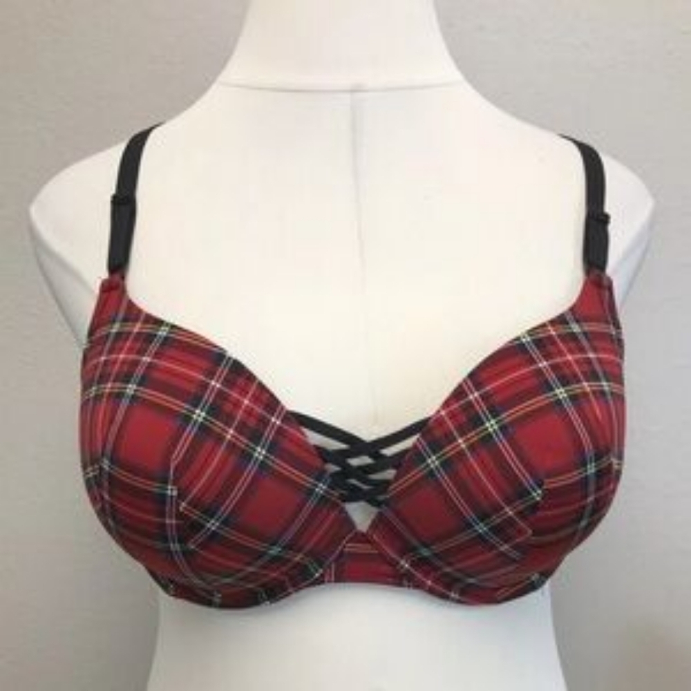 Torrid XO Plunge Bra Winter Red Holiday Plaid Underwire Sz 46DDD WL192